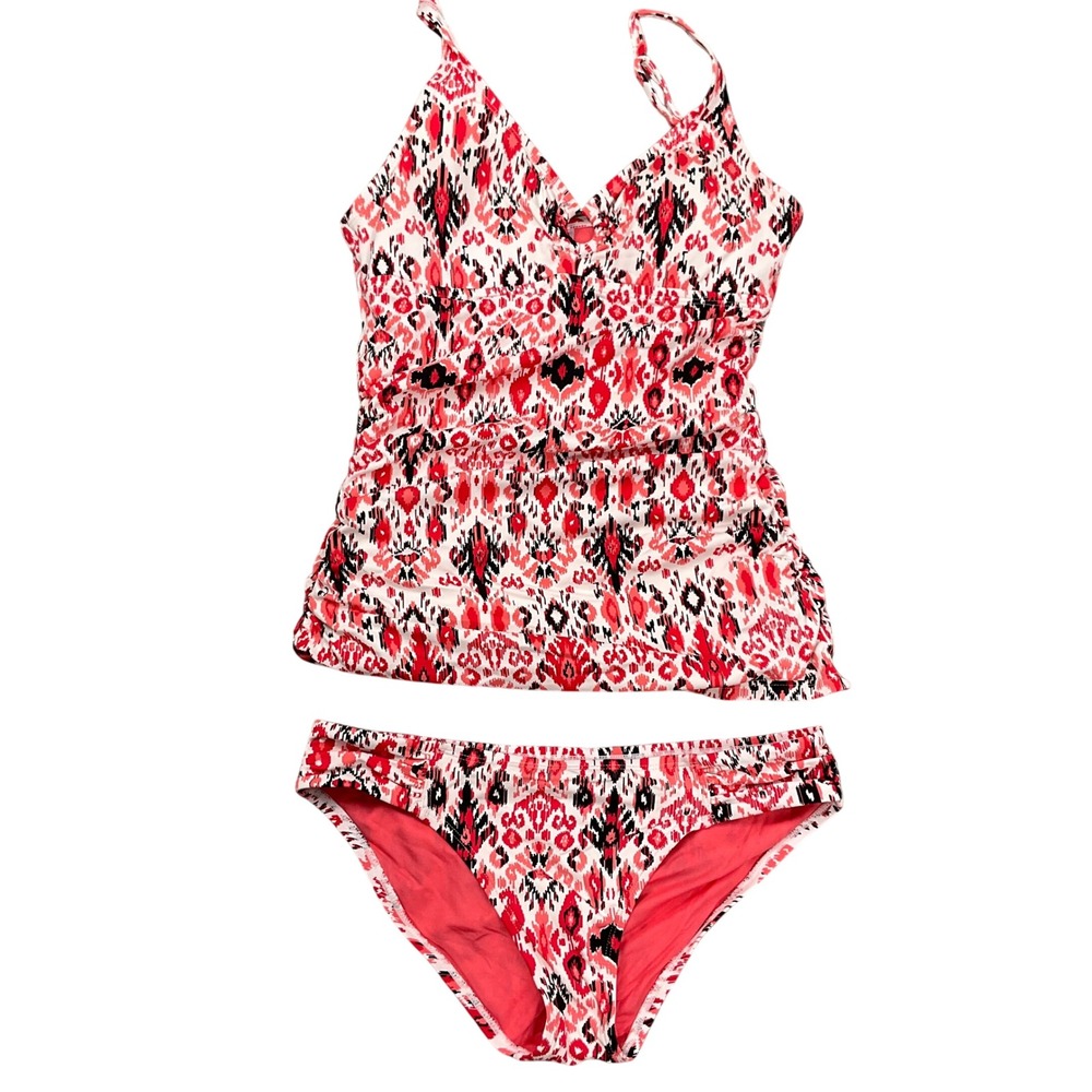 Tommy Bahama Tankini Swimsuit Women Small Coral Red Ikat Keyhole Boho Bold 2pc